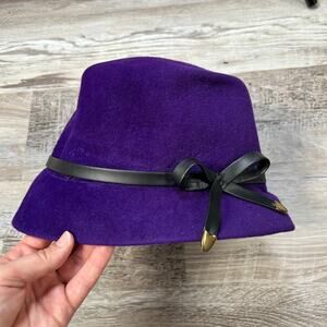 Vintage Peachbloom Velour Purple Cloche Hat Black Bow 22.5” Union Made